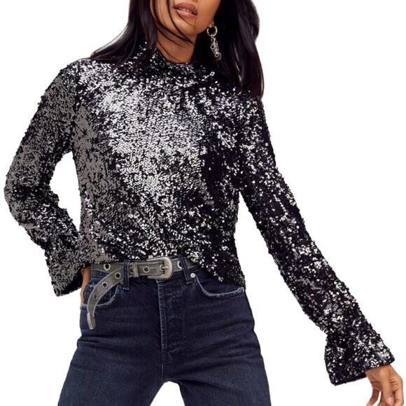 Free People Moonstruck Open Back Black Sequins Top Long Sleeve Size S - Picture 3 of 16